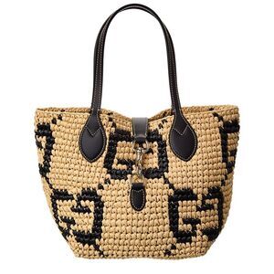 Gucci Woven Small Leather-Trim Tote, Beige